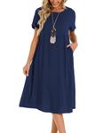 Lpecmin Womens Summer Dresses Casual Short Sleeve Round Neck Midi A Line Cotton Linen Sundress with Pockets(Navy, XXX-Large)