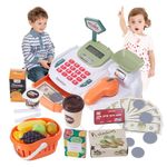 Qivange Toy Till Cash Register with Scanner Childs Cash Register with Scanner, Simulate Food, Fruit Basket, Functional Caculator, Role Play Supermarket Kids Toys Childrens Till Birthday Gifts Pretend