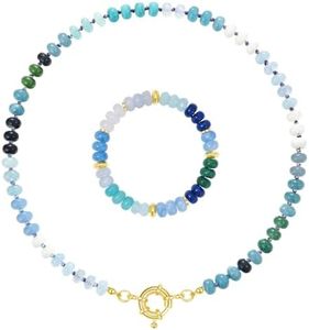 KissYan Beaded Gemstone Necklace for Women, Colorful Boho Bead Choker Natural Stone Surfer Beach Necklaces 14K Gold Plated Summer Handmade Jewelry(Blue Set)