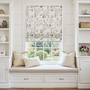 TWOPAGES Cordless Vintage Floral Print Roman Shades Linen Textured Roman Blinds for Windows, Custom Made Room Darkening Light Filtering Roman Window Shades Washable, Cotton White, 1 Piece