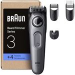 Braun Beard Trimmer Series 3, +4 Styling Tools, Ultra Sharp Blade, 50 Min Runtime, 40 Lengths, BT3525, Grey