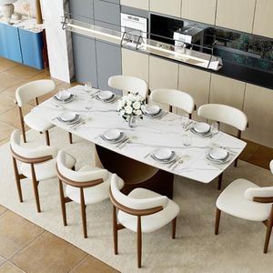 POVISON Extendable Dining Room Table 6-8, 71-95" Expandable Modern Dining Table for 6-10, Rectangular Glossy White Sintered Stone Tabletop for Dining Room, Bronze Base (Dining Table Only)