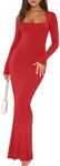 REORIA Fall Winter Long Dresses for Women 2023 Sexy Casual Square Neck Long Sleeve Ribbed Bodycon Soft Lounge Maxi Dress Red Small