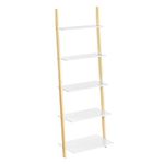 VASAGLE Ladder Shelf, 5-Tier Bookshelf Rack, Wall Shelf for Living Room, Kitchen, Office, Solid Wood Frame, Simple Assembly, Leaning Against the Wall, Matte White and Natural Colour LLS201N01