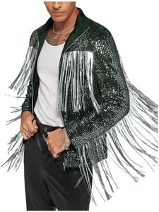 BEAUDRM Men's Fringe Trim Jackets Zip Up Long Sleeve Sequin Regular Fit Spring Fall Coats Dark Green Large