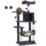 Feandrea Cat Tree, 143 cm Cat Tower for Indoor Cats, Multi-Level Plush Cat Condo with 4 Scratching Posts, 2 Perches, Cave, Hammock, Pompoms, Smoky Grey PCT161G01