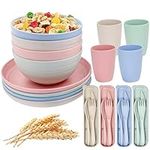 28 Pieces Wheat Straw Dinnerware Set, Set for 4 Unbreakable Lightweight Reusable Plates Bowls Cups Dinnerware Tableware Sets for Picnic BBQ Camping Daily Use,(4 Colors)