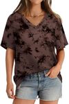 Oversized Tshirts for Women Short Sleeve Loose Fit Tops V Neck T-Shirt Ladies Blouses Tie Dye Brown M