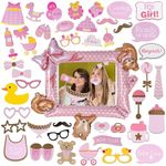 Baby Shower Photo Props Girls - 46 Pieces Pink Welcome Home Baby Decorations, It's a Girl Photo Booth Props, Personalised Inflatable Foil Frame, For Kids Gender Reveal New Born Birthday Party Supplies