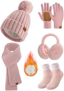 heekpek Winter Knit Beanie Hat Touch Screen Gloves Ear Muffs Scarf Socks 5 Pieces Warm Set Women Thick Neck Warmer Mittens Pink