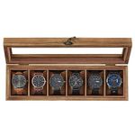 SONGMICS Watch Box with 6 Slots, Watch Case, Solid Wood Watch Box Organiser with Glass Lid, Watch Display Box with Removable Pillows, Gift Idea, Rustic Walnut JOW006K01