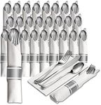 25 Pre Rolled Silver Plastic Silverware - 100pc Set, Service for 25 - Wrapped Disposable Silverware Set with Forks, Knives, Spoons, White Napkins - Fancy Decorative Flatware for Dinner, Party, Wedding
