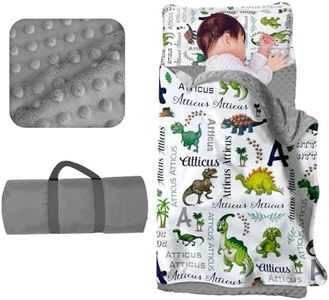 Custom Toddler Nap Mat for Preschool - Personalized Name Kids Nap Mats for Daycare Kindergarten Boys Sleeping Bag with Pillow Blanket Set, Thick Padded Easy Roll Up Green Dinosaur