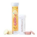 Glutone 1000 & Escor-Z Combo Pack| Setria L-Glutathione, Vitamin C Effervescent Tablets| Healthy Skin| Pack of 15 (1) + 20 (1) Tablets (Orange Flavour)