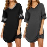 Ekouaer Nightgowns for Women 2 Pack Sleepshirts Short Sleeve Nightshirt V Neck Sleepwear Casual Pajama Dress,Black/Dark Grey,L