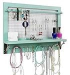 Spiretro Jewelry Organizer, Wall Mount Jewelry Holder Rack with Hooks Shelf and Removable Rod Hanging Display Earrings Necklaces Bracelets Rings Storage Accessories _ Wood in Shabby Chic Turquoise