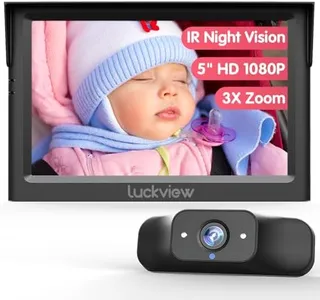 LUCKVIEW BM1 Baby Car Camera, 5'' 1080P Mirror Monitor with IR Night Vision, 3X Zoom in Closer, Full Crystal Clear View for Back Seat Rear Facing, 5 Mins Easy Installation Wired