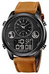 SKMEI World Time Digital Watches Sport Watch Fashion Mens Waterproof Leather Chronograph LED Wristwatch, Black Light-Brown,