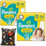 Newborn Nappies Bundle with Pampers Size 0 Premium Protection Premature Diapers and Wishesla Wet Bag, 2x24, Total of 48 Nappies (Online Exclusive)