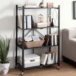 BUDS & SHOOTS Book Shelf for Home - 4 Tier Space Saving Metal Book Rack for Study Room, Foldable Book Organizer Stand with Caster Wheels for Bedroom, Living Room, Office(Black-L 69 x B 31 x H 127 cm)