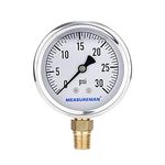 MEASUREMAN 2-1/2" Dial Size, Glycerin Filled Plumbing Pressure Gauge, 0-30psi, Stainless Steel Case, 1/4"NPT Lower Mount