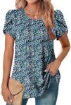 Zeagoo Womens Short Sleeve Boho Floral Printed Crew Neck Tops Pleated Dressy Causal Summer Blouses