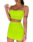 BEAGIMEG Women's Ruched Cami Crop Top Bodycon Skirt 2 Piece Outfits Dress, Fluogreen, Small
