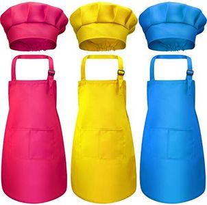 Chengu 6 Pieces Kids Chef Hat Apron Set, Boys Girls Adjustable Cotton Aprons Kitchen Bib Aprons with 2 Pockets for Kitchen Cooking Baking Wear Small Color 3