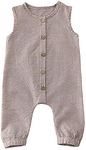 Baby Boys Girls Summer Sleeveless Romper Button Front Cotton Linen Jumpsuit Solid Color (0-3M, Khaki Plaid)