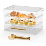 Bakery Display Case Countertop,3 Tray Pastry Display Case with Serving Tong Commercial Clear Acrylic Bread Box Display Case with Front Door for Cookie Food Donut Deseert Cupcake Bagels Cake