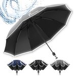 ANYCHO Inverted Retractable Big Umbrella For Men, 3 Fold Umbrella With Reinforced 10 Ribs And Reflective Stripe For Car, Windproof Umberalla For Women, 95% Uv Protection Travel Umbrella For Rain