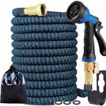 Expandable Garden Hose 25ft, Flexible Water Hose with 8 Function Nozzle, Triple Latex Core & 3/4" Solid Brass Fittings, 3750D Extra Strength Fabric, Leakproof No-Kink, Blue & Black