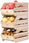 HABAU Wood Potato Onion Storage Bins - Wooden Stackable Produce Basket - Fruit Vegetable Storage for Kitchen Pantry Organization, Set 3 Pieces