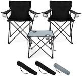 HaSteeL Folding Camping Chair Set of 3, Foldable Black Camp Chairs & Grey Table, Large Lawn Chair Portable for Adults Hiking, Fishing, Picnic, Outdoor BBQ, Travel, Sports, Cup Holders & Storage Bags