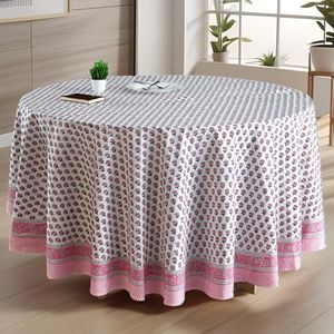 CPC Round Tablecloth- Cotton Indian Block Print Tablecloth -Handmade Printed Washable Cotton Table Cloth - Spring/Summer, Weding Table Cover - Pink Sapphire 132 Inch