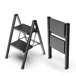 WOA WOA 2 Step Ladder, Step Stool Foldable with Wide Pedals, Portable Stepping Stool for Adults, Sturdy Steel Ladders for Home with Anti-Slip Feet, Hold 330 lbs - Black