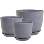 PROFIKLA 20cm, 18cm, 16cm Plastic Plant Pots, Plant Pots with Drainage Holes and Saucers, A Set of 3 Flower Pots, Modern Decorative Planters, Grey Speckles