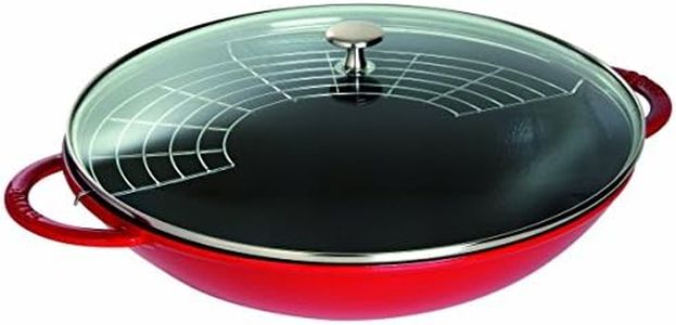 Staub 40509-898-0 Cast Iron Wok, Including Glass Lid and Removable Grid Insert, Suitable for Induction, Ø 37 cm, 5.7 L, Cherry Red