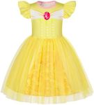 HenzWorld Princess Belle Dress for Toddler Little Girls Short Flutter Sleeve Tulle Tutu Dress Kids Belle Costume Dress up for Girls Halloween Cosplay Theme Party Outfit Yellow Size 3T 4T 3-4 Years