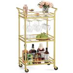 VASAGLE Bar Cart, Home Bar Serving Cart, Small Bar Cart with 3-Tier Shelf, Wine Holders, Glass Holders, Mini Bar Cart for Small Spaces, Kitchen, Dining Room, Living Room, Pale Gold ULRC091A62