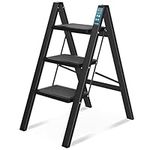 3 Step Ladder, SPIEEK Folding Step Stool with Wide Anti-Slip Thickened Pedal, Foldable Ladder 330 Lbs Capacity, Kitchen Step Stool for Adults, Lightweight Folding Ladder, Black