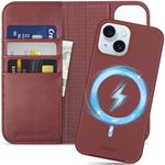 SHIELDON Wallet Case for iPhone 15 5G 6.1", Genuine Leather Detachable RFID Blocking Card Case Folio Magnetic Stand Shock-Absorbent Wireless Charging Cover Compatible with iPhone 15 2023 - Wine Red