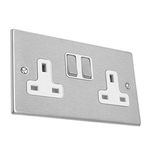 Hamilton Hartland Slimline 13A Twin Switch Socket - Satin Stainless with White Insert