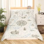 Erosebridal Nautical Map Comforter Cover Navigation Compass Sailboat Lighthouse Icon Bedding Set Summer Ocean Theme Duvet Cover for Kids Boys Girls Teens Adults Full Soft Microfiber Room Decoration