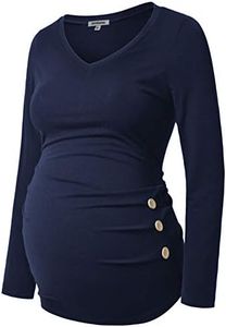 GINKANA Maternity Shirt Long Sleeve Basic Top Ruch Sides Buttons Tshirt for Pregnant, Navy Blue, XX-Large