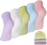 Geyoga 5 Pairs Unisex Non Slip Socks Anti Skid Slipper Barre Socks for Yoga Pilates Barre Home Workout, White, Pink, Green, Purple, Blue, One Size