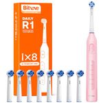 Bitvae R1 Rotating Electric Toothbrush with 8 Brush Heads for Adults and Kids, 5 Modes Rechargeable Power Toothbrush, 3 Hours Fast Charge for 60 Days, Brushing Timer, Pink