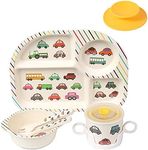 Shopwithgreen 5Pcs/Set Bamboo Kids Dinnerware Set - Children Dishes - Food Plate Bowl Cup Spoon Fork Set Dishware, Cartoon Tableware, Dishwasher Safe Kids Healthy Mealtime, BPA Free (Car)