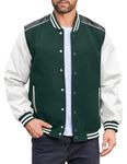 COOFANDY Mens Varsity Jacket Casual Leather Sleeve Baseball Letterman Bomber Jacket Coat, Dark Green, Medium