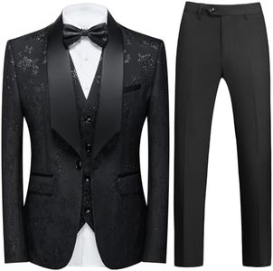 Tuxedo Suits for Men 3 Piece Regular Fit Men's Suit Set Floral Pattern Blazer Jacket Waistcoat Pants Dark Black L